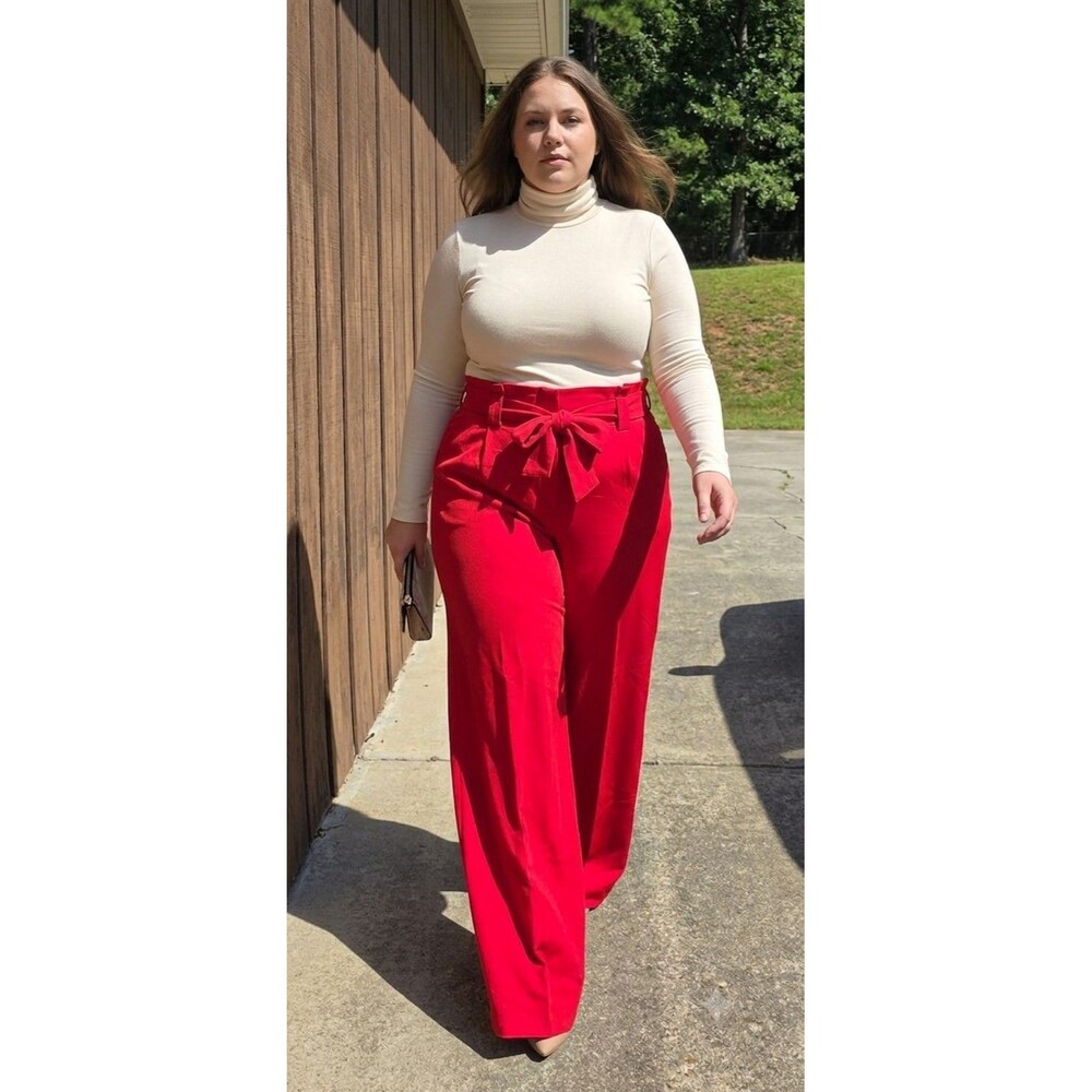 New York & Company Women's Red Wide Leg  Paper Bag Waist Dress Pants Plus 18
